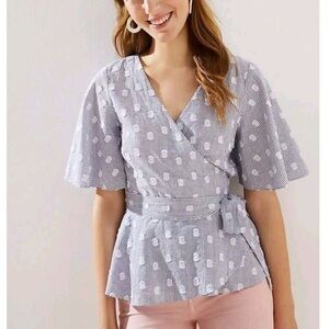 NWT Ann Taylor Loft blue and white stripe wrap blouse with flare sleeves size XS